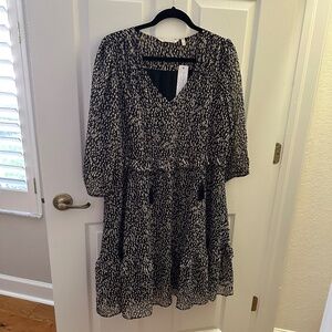 NWT Soft Surroundings  Hazel/Black/Tan Animal Print Tiered V Neck Dress - Size L